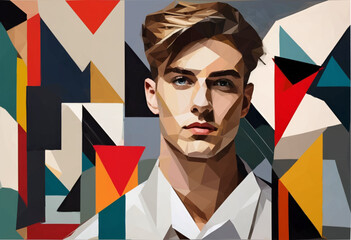 Modern art illustration of a young European man. Colored areas in triangles as background. The illustration consists of many polygons. Vector illustration.