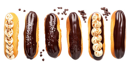 Collection of eclairs filled with pastry cream and topped with chocolate glaze isolated on white background, food bundle. With clipping path