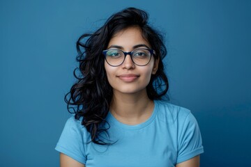 Fototapeta premium Attractive indian woman wearing blue tshirt and glasses. Isolated on blue background.