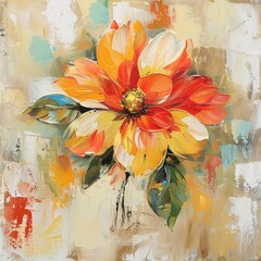 Abstract oil painting of a vibrant autumn flower, a symphony of orange, red, and yellow, capturing the essence of fall