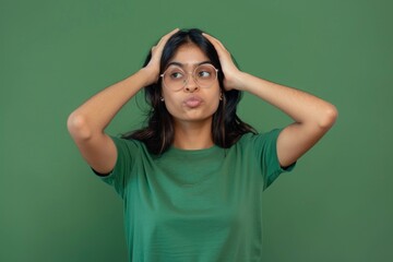Attractive indian woman wearing green t-shirt and glasses. Isolated on green background.