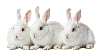 Collection of three white rabbits (portrait, sitting), animal bundle isolated on a white background. With clipping path