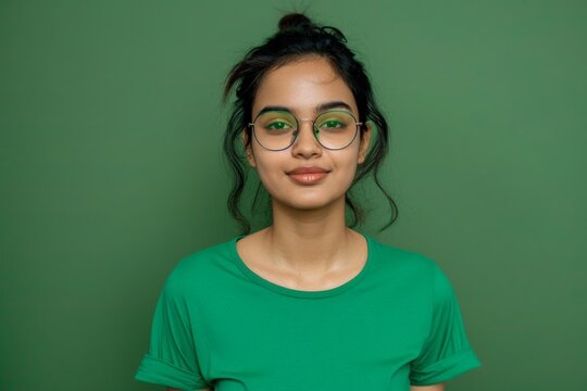 Attractive indian woman wearing green t-shirt and glasses. Isolated on green background.