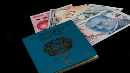 Passport of the Republic of Kazakhstan and banknotes of various countries