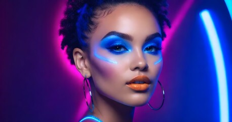 woman with blue eyeshadow and large hoop earrings neon lighting on her face