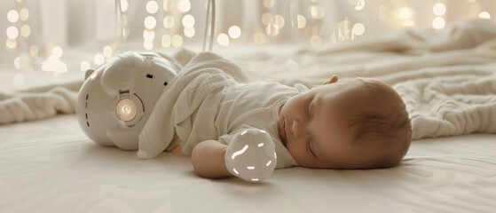 Fototapeta na wymiar Soft Circuit Soothers, A sleeping baby with a robotic mobile casting soothing lights, Whirring softly with tales of robotic realms.