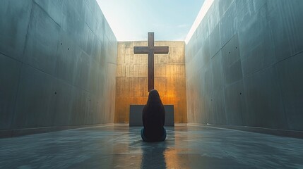 woman in a room praying in front of a wooden cross