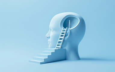 Mental health and wellbeing. A ladder leading into a persons head. Concept of imagination