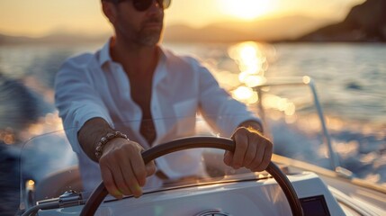 Hand of man on steering wheel sailboat. Hands on the sailboat's steering wheel Yacht. Close-up of a mans hands on yacht steering wheel. Helm yacht - obrazy, fototapety, plakaty
