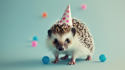Party Animal, A hedgehog adorned with a party hat, its whimsical charm a humorous twist on festivities, inviting smiles and joy.