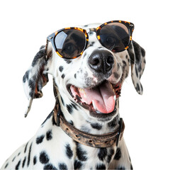 Portrait of happy dalmatian dog wearing sunglasses isolated on a white background. With clipping path