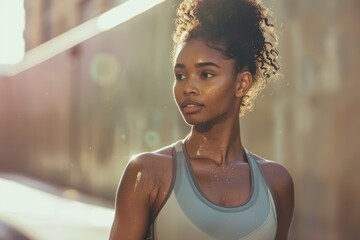 A black woman sweating from exercising in the street
