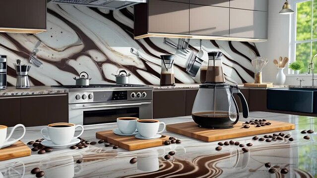 Sleek kitchen with marble counters, zebra backsplash, coffeethemed decor