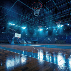 Empty basketball arena, stadium, sports ground with flashlights and fan sits