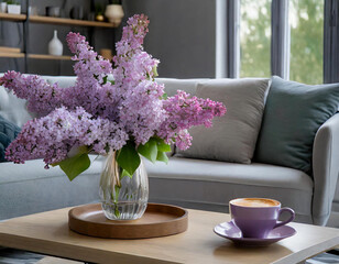  Living room interior in a spring arrangement in shades of gray and purple with a bouquet of lilacs in a vase