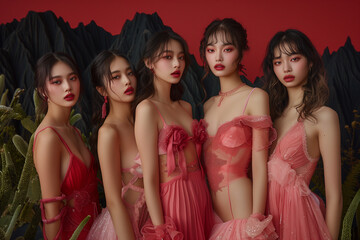 Fototapeta premium Crimson Silhouettes: Chinese Maidens in Pink Amidst Sunset and Peaks