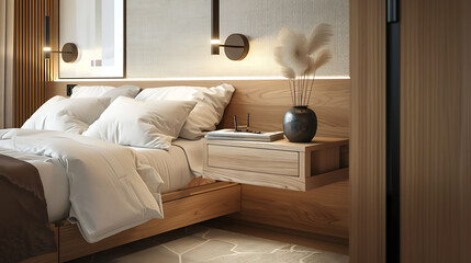 Modern bedroom with a floating nightstand design incorporating hidden drawers for storing bedside essentials