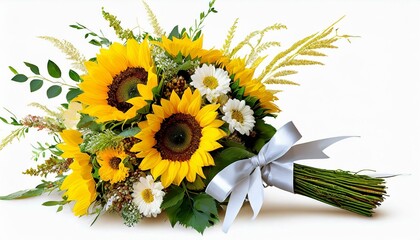 Wiązanka ślubna z kwiatami słonecznika i trawami na białym tle - obrazy, fototapety, plakaty