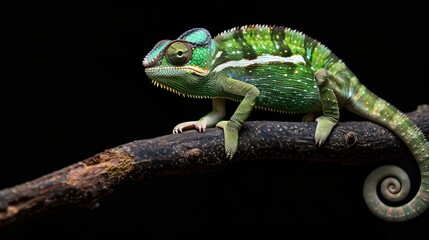 Portrait cute funny colorful chameleon animal on a branch of nature blur background. AI generated