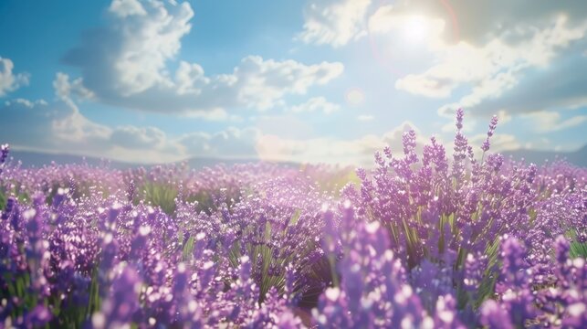 Beautiful lavender field on sunny day blue sky landscape. AI generated image