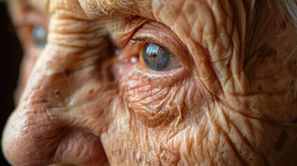 Cropped portrait face wrinkled old woman skin close up view. AI generated image