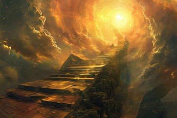 Steep Ascending stairs to the sun. Sunlight life. Generate Ai