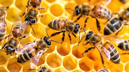 Close up detail of bee workers around her queen on honeycomb. AI generated image - obrazy, fototapety, plakaty