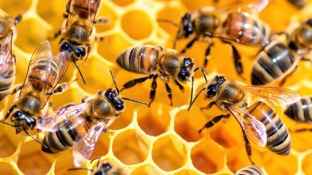 Close up detail of bee workers around her queen on honeycomb. AI generated image