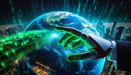 Illustration representing the hand of an Artificial Intelligence in humanoid form and the planet Earth. Technology and inovation. AI and global impact.
