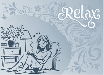 girl relaxing at home sitting on the floor with a book and a cup of hot tea vector background picture.eps