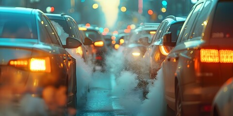 Traffic jam with cars emitting exhaust fumes causing air pollution. Concept Traffic congestion, Car exhaust fumes, Air pollution, Urban transport, Environmental impact