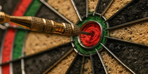 Extreme close-up of dart hitting bullseye on dartboard against white backdrop. Concept Sports Photography, Precision and Accuracy, Success and Achievement, Game Winning Moments, Target Hitting