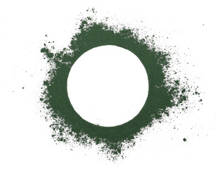 Organic spirulina powder in shape circle isolated on white, top view