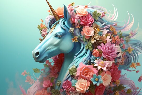 a blue unicorn with flowers