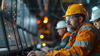 Engineer team sits in front of a computer screen showing graphs related to energy production. Inside a nuclear power plant.