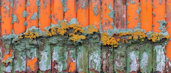  A close-up of a rusted metal wall with orange, green peeling paint on its sides