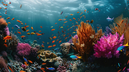 Fototapeta na wymiar Reef Vibrance, A dive into a coral reef's diversity, the myriad of forms and colors showcasing the vibrant life beneath the waves.
