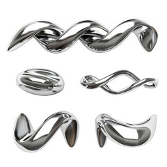 Naklejka premium Set of 3d rendering twisted chrome metallic shape on white background,png