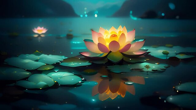 Glowing lotus flower on turquoise water with serene copy space for peaceful messages