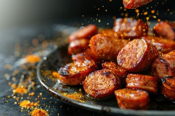 Grilled spicy chorizo slices close-up - An appetizing close-up of grilled chorizo slices with spices scattering in the air, highlighting the sizzle and taste of the savory dish - obrazy, fototapety, plakaty