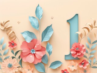 Illustration of number 1 and floral decoration soft color background
