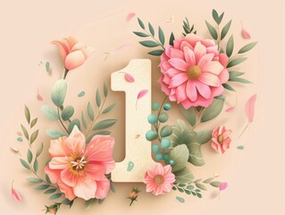 Illustration of number 1 and floral decoration soft color background
