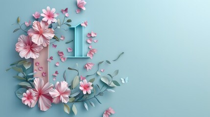 Illustration of number 1 and floral decoration soft color background
