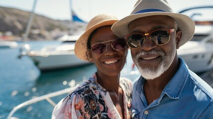 Joyful senior african american couple on yacht vacation, concept of timeless love and adventure