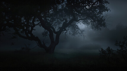 Mysterious foggy forest scene at night - An eerie, atmospheric shot of a dense fog cloaking an ancient tree in darkness, creating a sense of mystery and the supernatural