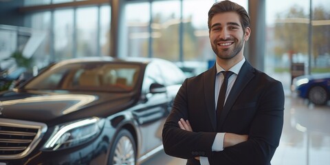 Professional salesperson for high-end vehicles in a showroom. A cheerful salesman in the showroom. Expensive car. vehicle dealership enterprise. automobile sector. - obrazy, fototapety, plakaty