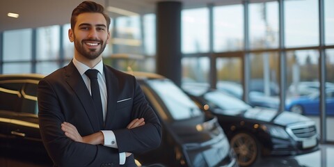 Professional salesperson for high-end vehicles in a showroom. A cheerful salesman in the showroom. Expensive car. vehicle dealership enterprise. automobile sector. - obrazy, fototapety, plakaty