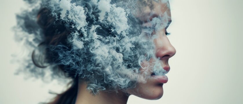  A woman with smoke billowing from her mouth, her hair styled like a cloud