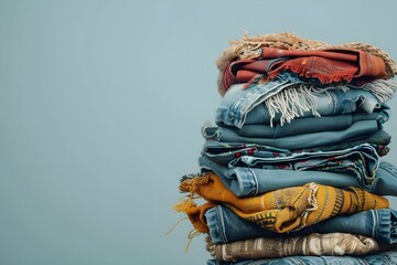 A stack of textile items for recycling promoting sustainability and awareness of global climate change in fashion industry. Concept Sustainable Fashion, Textile Recycling, Climate Change Awareness - obrazy, fototapety, plakaty