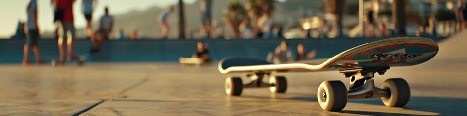 skateboard on sunny park ground with blurred youth in background - obrazy, fototapety, plakaty